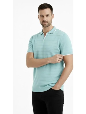 ModaSize Erkek Triko Kumaş Yakalı Düğmesiz Açık Yaka Fitilli Kısa Kollu Regular Fit Tişört T-Shirt - Mint Yeşili