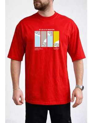 Caddekombin Erkek My Life Is Of Adventure Yazı Baskılı Bisiklet Yaka Kırmızı T-Shirt