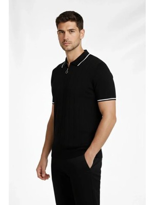 ModaSize Erkek Fermuarlı Yaka Fitilli Triko Kısa Kollu Regular Fit Tişört T-Shirt - Siyah