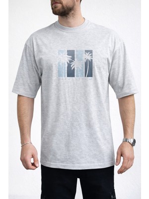 Caddekombin Erkek Good Vibes Yazılı Palmiye Ağacı Baskılı Bisiklet Yaka Gri T-Shirt