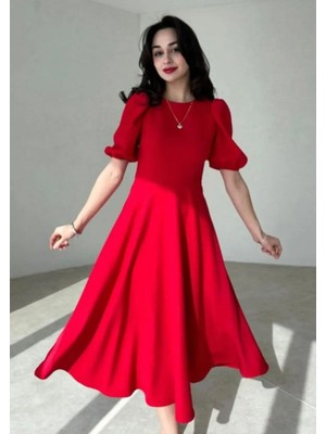 Serac Collection Kadın Kısa Balon Kollu Bisiklet Yaka Geniş Kesim Janjan Krep Elbise