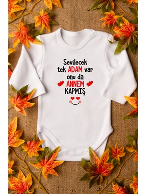 Overoz Sevilecek Tek Adam Var Onu Da Annem Kapmış Yazılı Uzun Kollu Beyaz Bebek Body Zıbın 5143