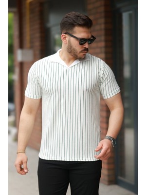 ModaSize Erkek Yakalı Çizgi Desenli Kısa Kollu Tişört