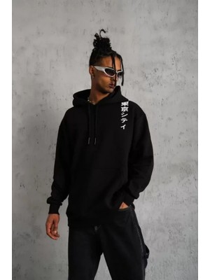 ModaSize Unisex Kapşonlu Uzun Kol Baskılı Sweetshirt - Siyah