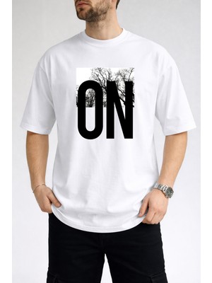 Caddekombin Erkek Doğa Temalı On Yazı Baskılı Bisiklet Yaka Beyaz T-Shirt