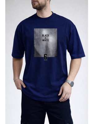 Caddekombin Erkek Black & Whıte Yazı Baskılı Bisiklet Yaka Lacivert T-Shirt