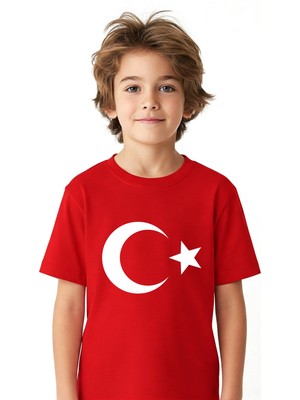 Lovexi Türk Bayrağı Ay Yıldız Baskılı Kırmızı Kısakol Tişört (23 Nisan  19 Mayıs)