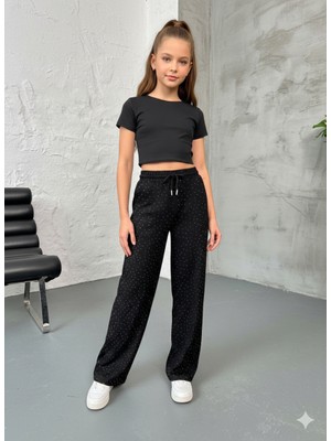 Cubbux Kız Çocuk&genç  Taşlı Pantolon Wide Leg Bol Paça Kumaş Beli Lastikli