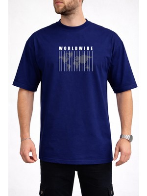 Caddekombin Erkek Dünya Haritası ve Dikey Çizgi Tasarımlı Bisiklet Yaka Lacivert T-Shirt