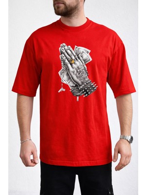 Caddekombin Erkek Dövmeli El ve Dolar Fotoğraf Baskılı Bisiklet Yaka Kırmızı T-Shirt