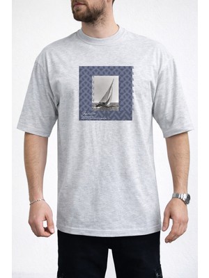 Caddekombin Erkek Modern Grafik Yelkenli Bisiklet Yaka Gri T-Shirt