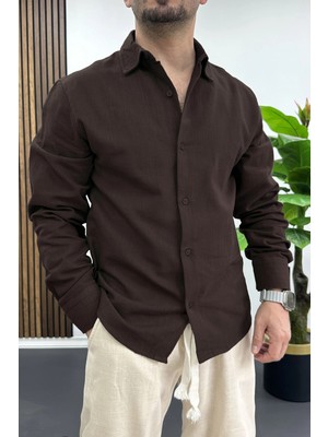 Edwox Erkek Pamuklu Keten Görünümlü Gömlek Kahverengi EDW444