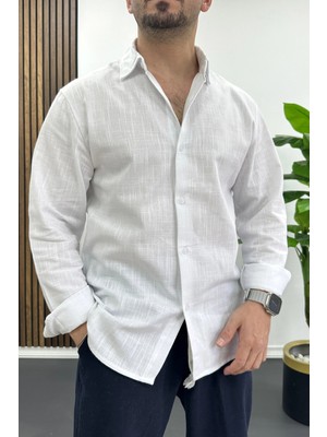 Edwox Erkek Pamuklu Keten Görünümlü Gömlek Beyaz EDW444