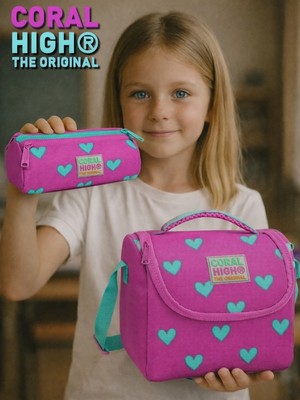 Coral High Neon Pembe Su Yeşili Kalp Desenli Üç Bölmeli Kalem Çantası ve Thermo Beslenme Çantası