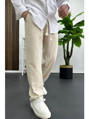 Edwox Erkek Pamuklu Keten Görünümlü Pantolon Krem EDW443