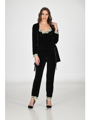İlkyaz Fashion Ieg™ Siyah Kadife Sabahlık & Gecelik Takım 3' Lü - 1441