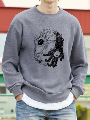 Canavar Palmiye Gözleri Korkunç Baskılı Sweatshirt Erkek Polar Bol Moda Sokak Giysisi Yuvarla
