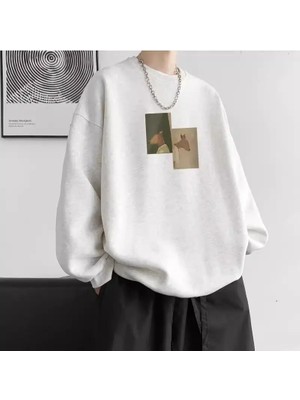 Amerikan Retro Moda Baskılı Uzun Kollu Tişört Erkek Trendy Yuvarlak Yaka Kazak Gevşek ve Çok