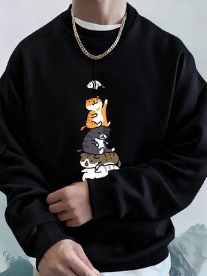 Balık Yakalayan Kediler Baskılı Erkek Kazak Kış Bisiklet Yaka Kapüşonlular Sokak Polar Sıcak