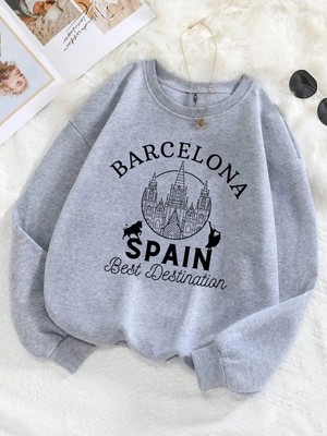 Barselona Ispanya En Iyi Destinasyon Baskı Kadın Kazaklar Gevşek Polar Kazak Yumuşak Kadın Gi