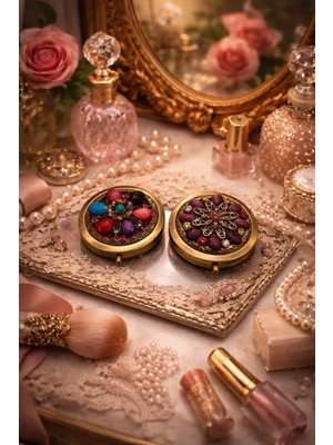 Seymen Bıçakçılık  2’li El Işlemeli Pirinç Kaplama Çift Taraflı Kompakt Cep Aynası – Vintage Tasarım, Hediyelik