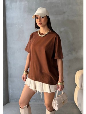 Bejna Kadın Bisiklet Yaka Oversize %100 Pamuklu Basic T-Shirt