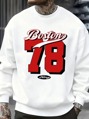 Boston Numarası 78 Baskılı Erkek Kazak Rahat Hip Hop Kazaklar Vintage Büyük Boy Bisiklet Yaka