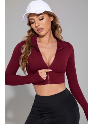 İlkyaz Fashion Ieg™ Kadın Bordo Uzun Kol Fermuarlı Parmak Geçme Detaylı Dik Yaka Crop Top Bluz