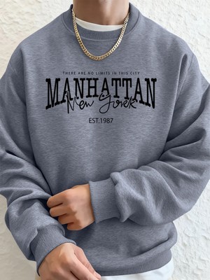 Manhattan New York Kelimeler Baskılı Erkek Kapüşonlu Üstleri Sonbahar Bol Sweatshirt Hip Hop