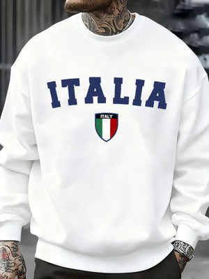 Italya Mektup Ulusal Bayrak Rozeti Baskılı Erkek Kazaklar Polar Kazak Sokak Rahat Spor Giyim