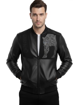 Deepsea Erkek Siyah Taş Işlemeli Dar Kesim Suni Deri Ceket – Ribanalı Astarsız Fermuar Kapama 2600356