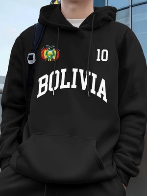 Bolivya Amblemi Mektup Baskı Hoodie Erkek Sportif Gevşek Kazaklar Kış Polar Sıcak Kazak Koşu