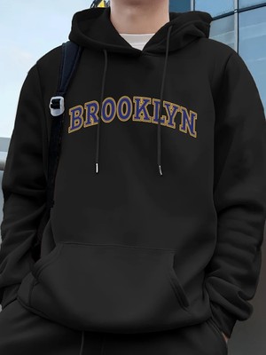 Brooklyn Yaratıcı Mektup Baskılı Erkek Tişörtü Kış Polar Sıcak Hoodie Kore Gevşek Cep Kazakla