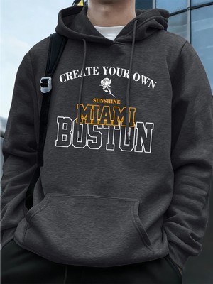 Miami Boston Mektup Baskı Kapüşonlular Erkekler Kış Polar Sıcak Kazak Koşu Cep Kazak Sportif