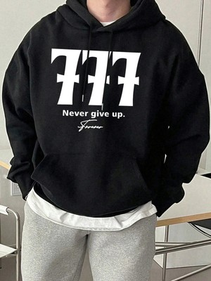 Never Give Up Number 777 Print Basics Sokak Kapüşonluları Erkekler Polar Yumuşak Sokak Giyimi