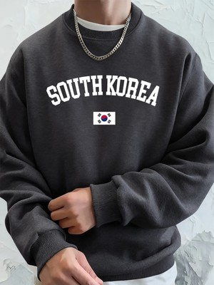 Güney Kore Bayrağı Baskılı Erkek Sweatshirtleri Kışlık Bisiklet Yaka Kapüşonlu Üstler Sokak P