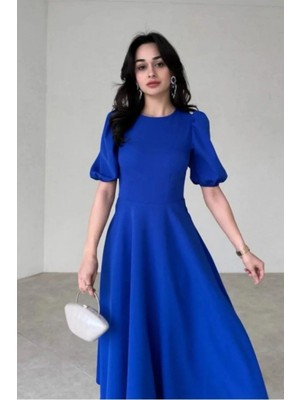 Kadın Kısa Balon Kollu Bisiklet Yaka Geniş Kesim Janjan Krep Elbise