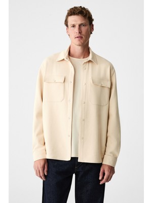 Grimelange Maze Erkek Özel Dokulu Kalın Kumaşlı Cepli Çıtçıtlı Vanilya Ceket