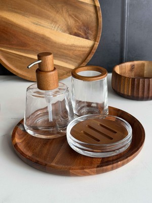 Rossev Cam Banyo Seti Naturel Ahşap  Tepsili 4 Parça