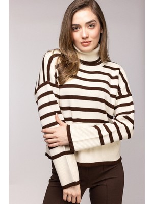 Saade Kahverengi Çizgili Balıkçı Yaka Oversize Triko Kazak Std
