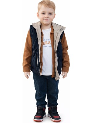 İrem Çocuk Giyim Erkek Çocuk Kapitone Yeleği Fermuarlı Uzun Kol Gömlek Tişört Pantolon Dörtlü Lacivert Renk Takım