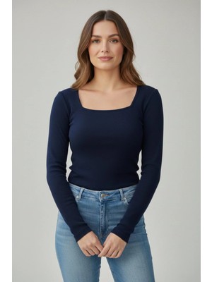 CHEISU Kadın Lacivert Uzun Kollu Kare Yaka T-Shirt Bluz Kaşkorse Fitilli
