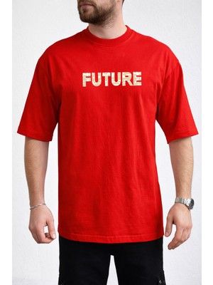 Caddekombin Erkek Future Yazı Baskılı Bisiklet Yaka Kırmızı T-Shirt
