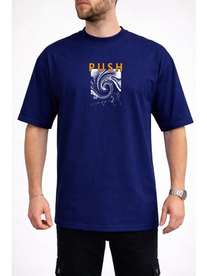 Caddekombin Erkek Vortex Desenli Push Yazı Baskılı Bisiklet Yaka Lacivert T-Shirt