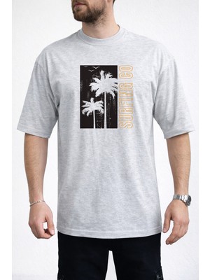 Caddekombin Erkek Palmiye Silüetli Surfing Co Yazı Baskılı Bisiklet Yaka Gri T-Shirt