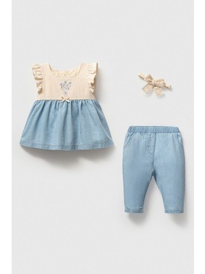 Cantoy Kız Bebek Keten Dokulu Çiçek Nakışlı Takım