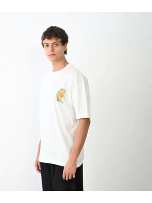 ModaSize Unisex Bisiklet Yaka Baskılı Oversize T-Shirt - Beyaz