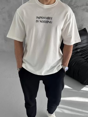 ModaSize Unisex Bisiklet Yaka Baskılı Oversize T-Shirt - Beyaz