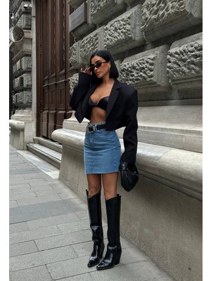 Madame Melek Kadın Basic Yüksek Bel Kot Mini Etek Şık Tasarım Günlük Denim Jean Etek