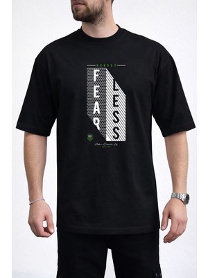 Caddekombin Erkek Fearless Yazı Baskılı Petek Dokulu Bisiklet Yaka Siyah T-Shirt